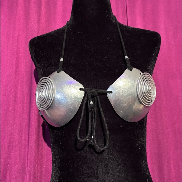 Silver Metal Disc Bikini Top with Tie Straps - Women Cyberpunk - Picture 3 of 10